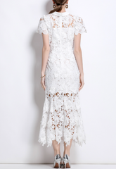 lace midi dress with sheer floral overlay – EVELYN