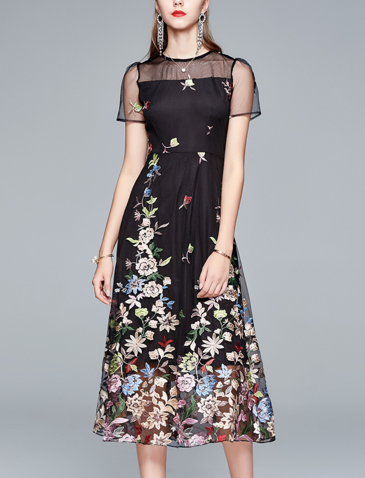 embroidered mesh dress with floral tulle hem – NIROM