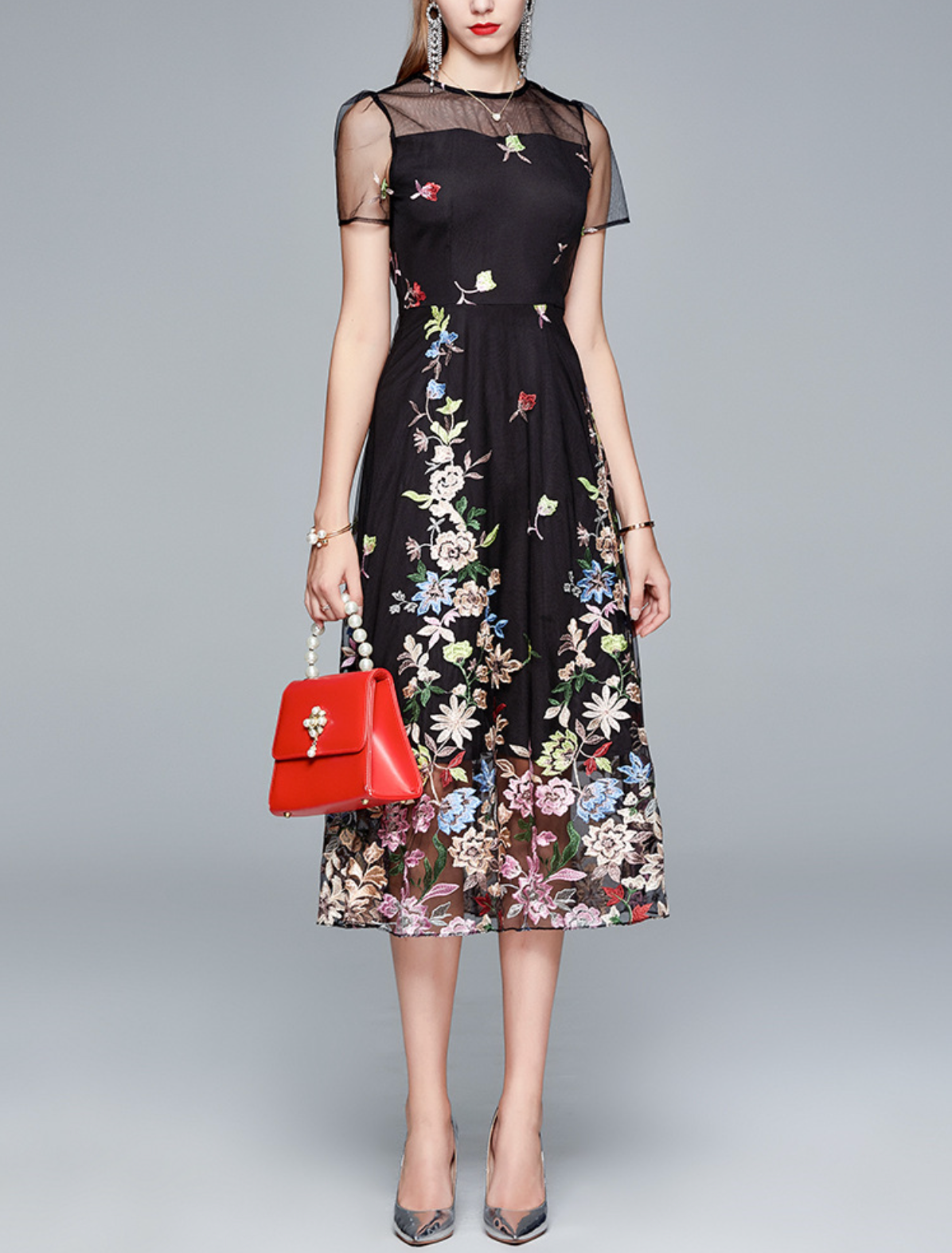 embroidered mesh dress with floral tulle hem – NIROM