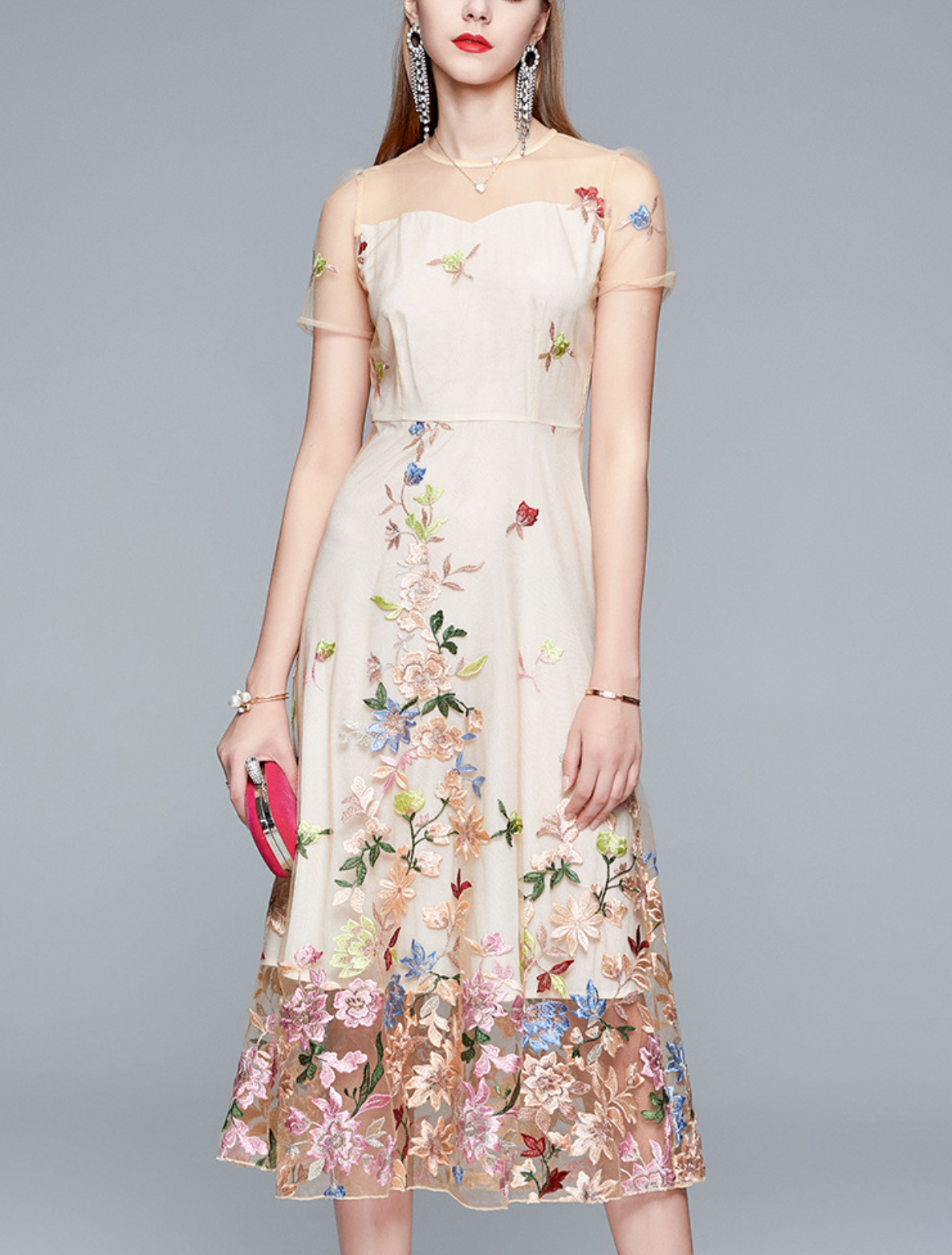 embroidered mesh dress with floral tulle hem – NIROM