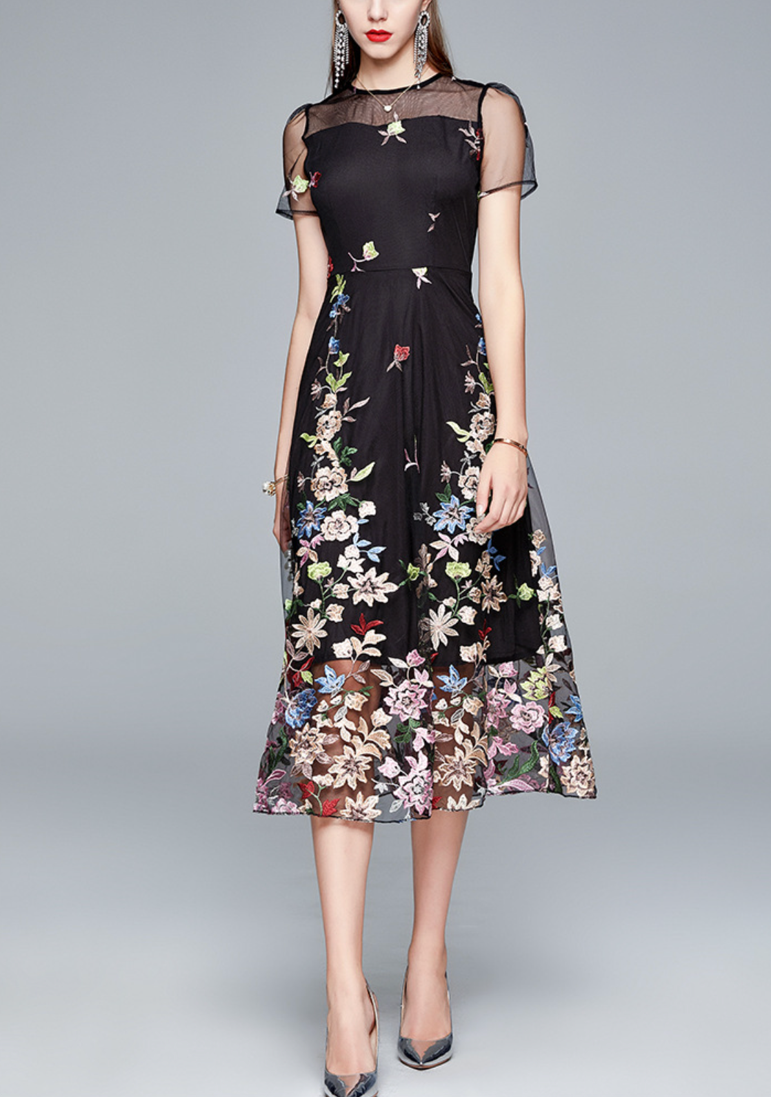embroidered mesh dress with floral tulle hem – NIROM