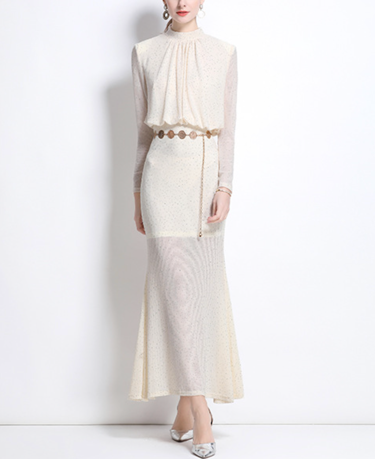long-sleeve column dress with draped bodice – RY MOON
