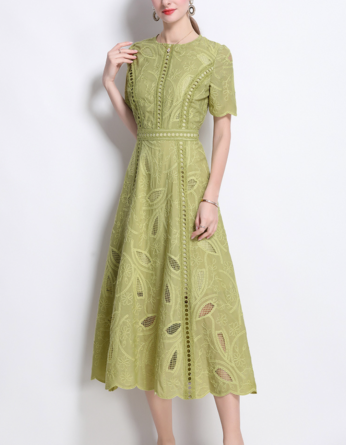 embroidered flare dress with leaf cutouts – OLIVEA