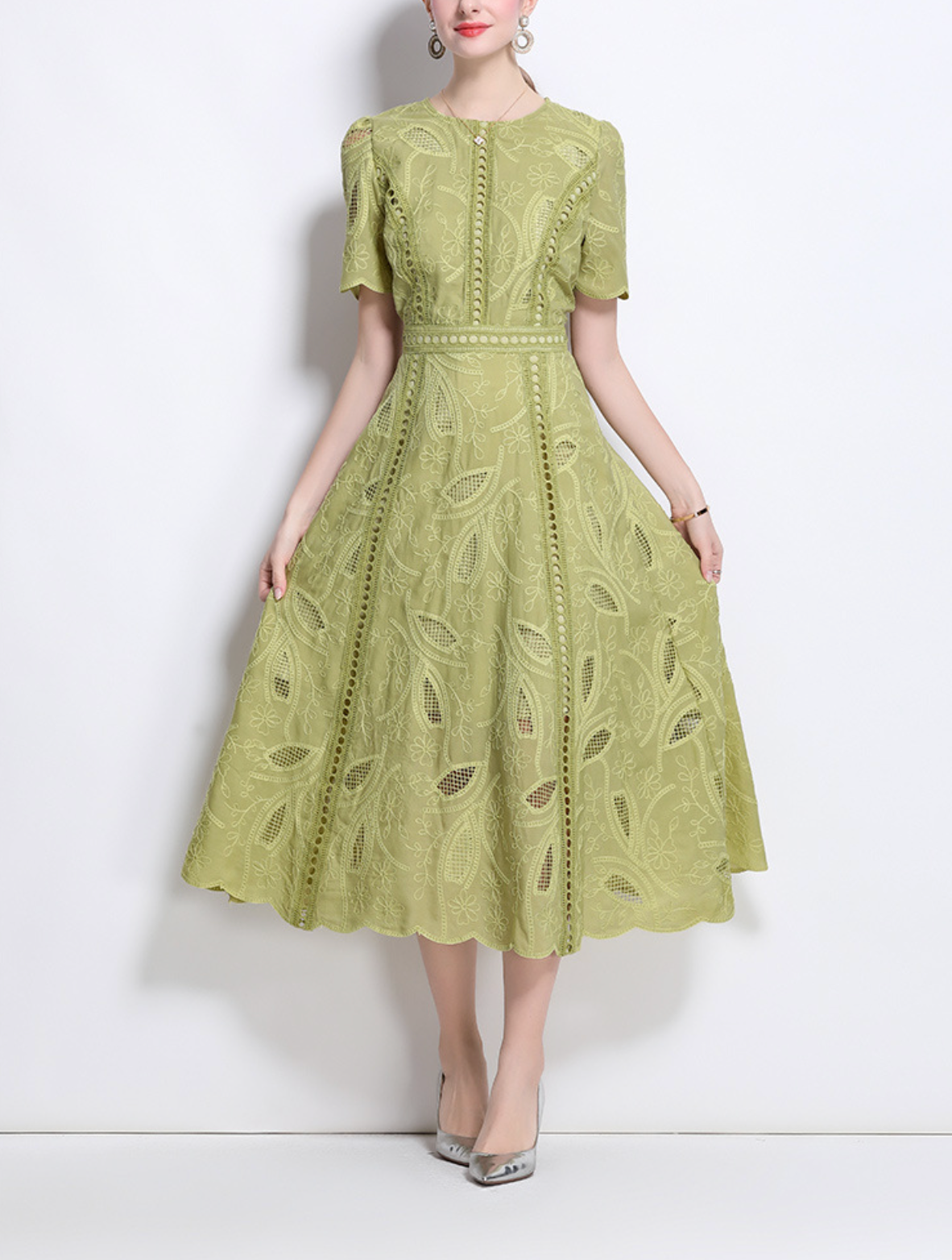 embroidered flare dress with leaf cutouts – OLIVEA