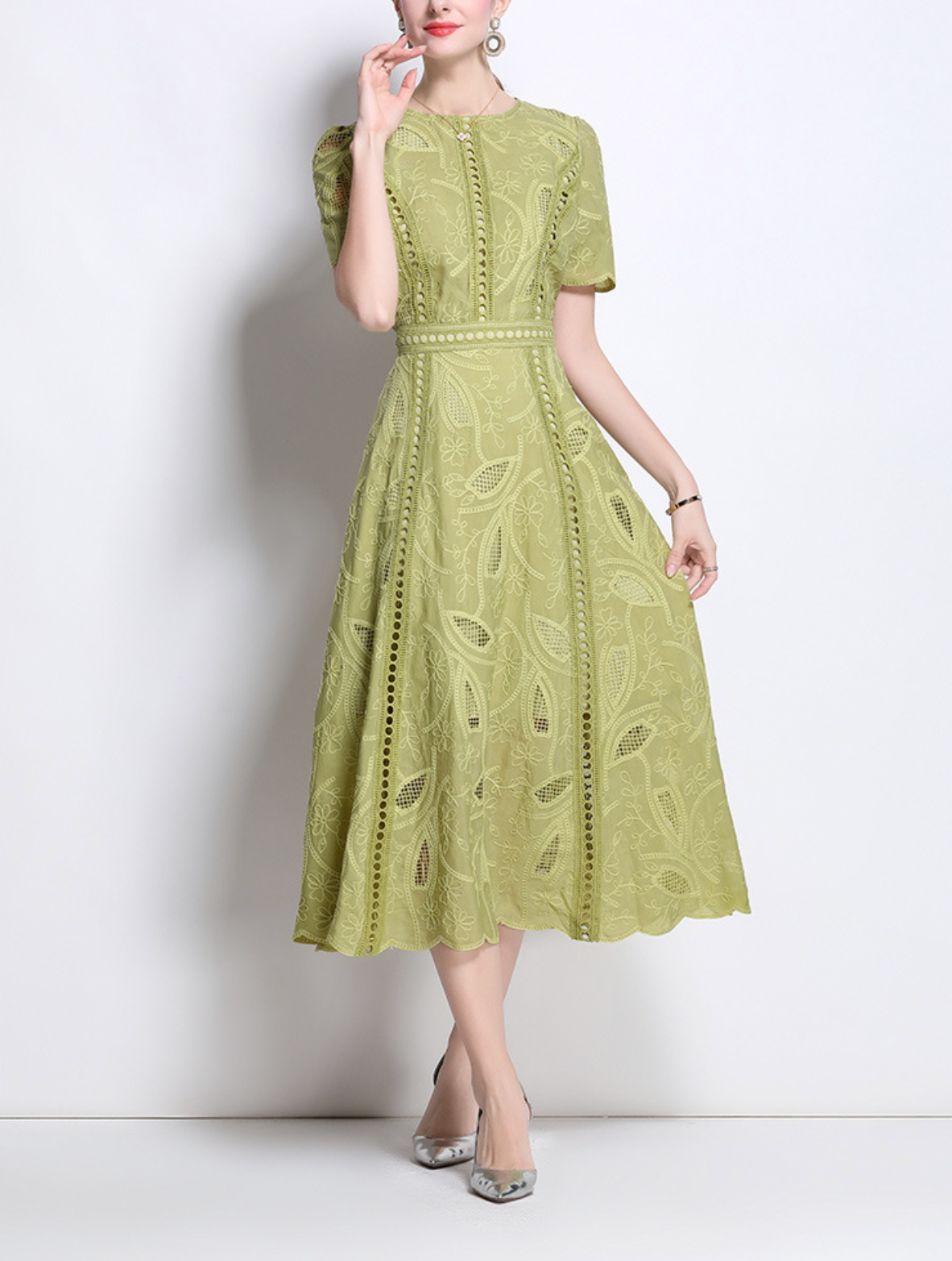 embroidered flare dress with leaf cutouts – OLIVEA