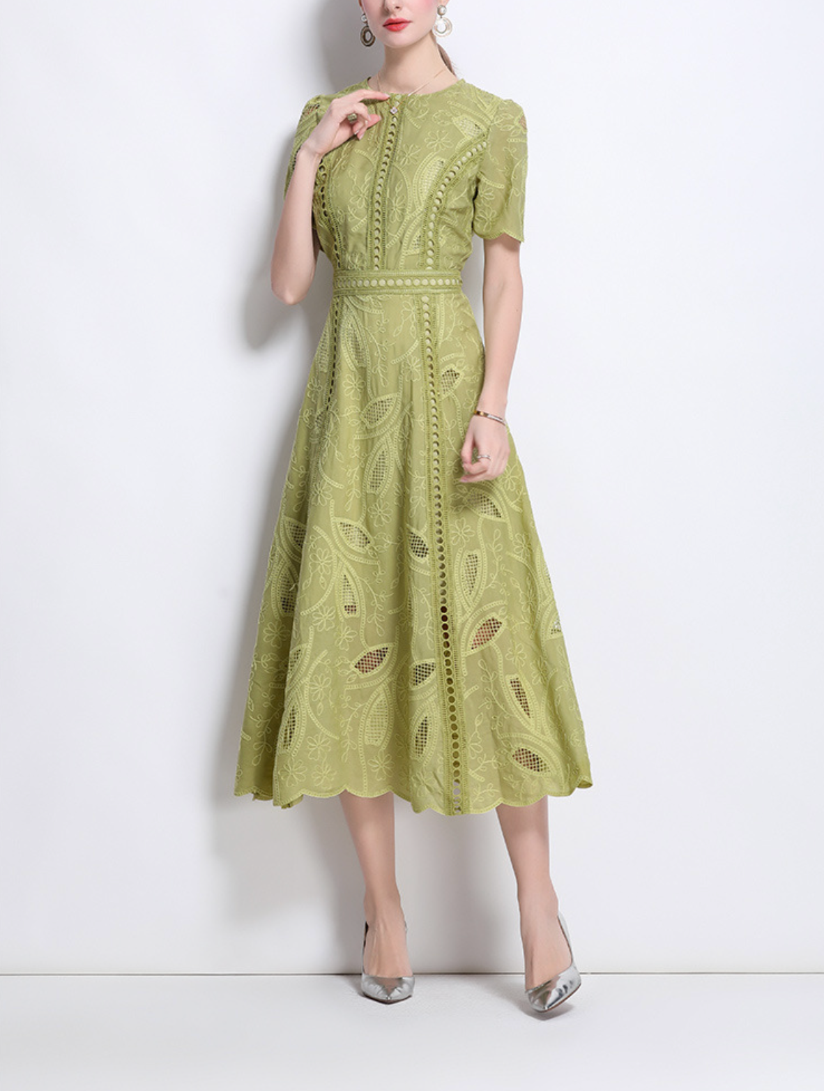embroidered flare dress with leaf cutouts – OLIVEA