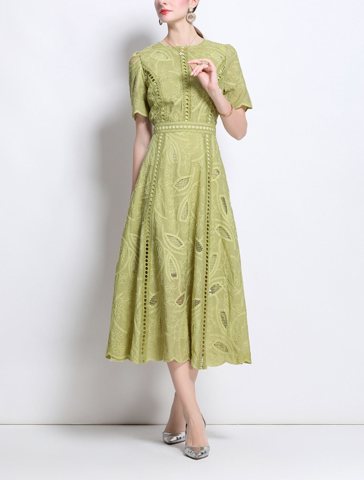 embroidered flare dress with leaf cutouts – OLIVEA