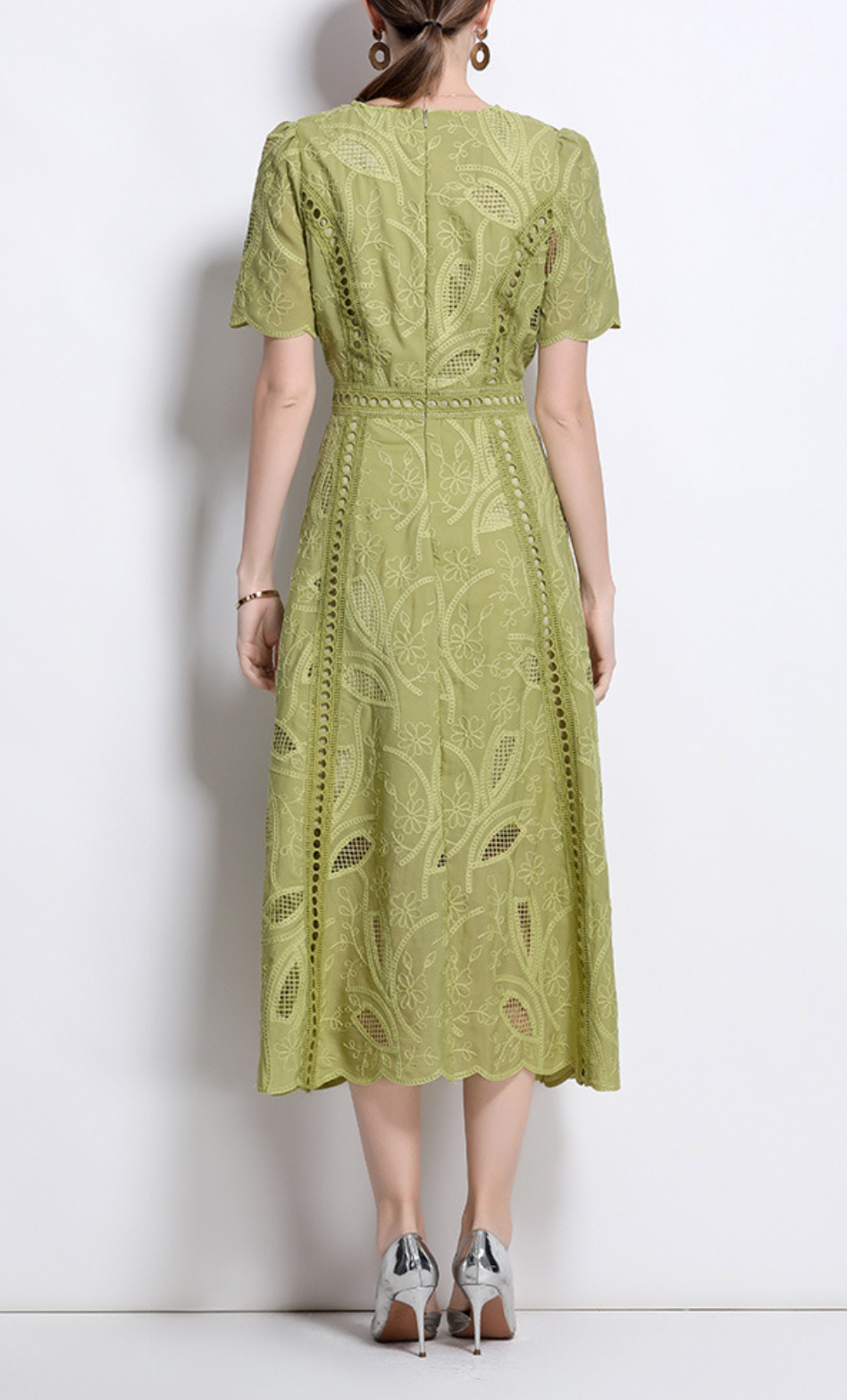 embroidered flare dress with leaf cutouts – OLIVEA