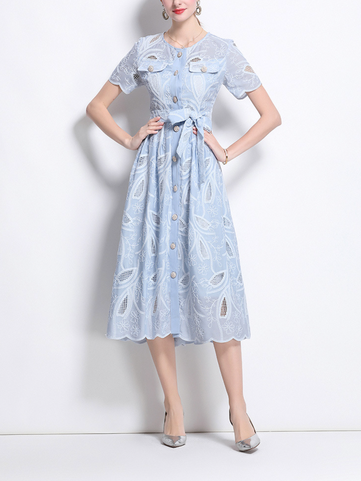belted shirt dress with embroidered cutwork – CELESTE