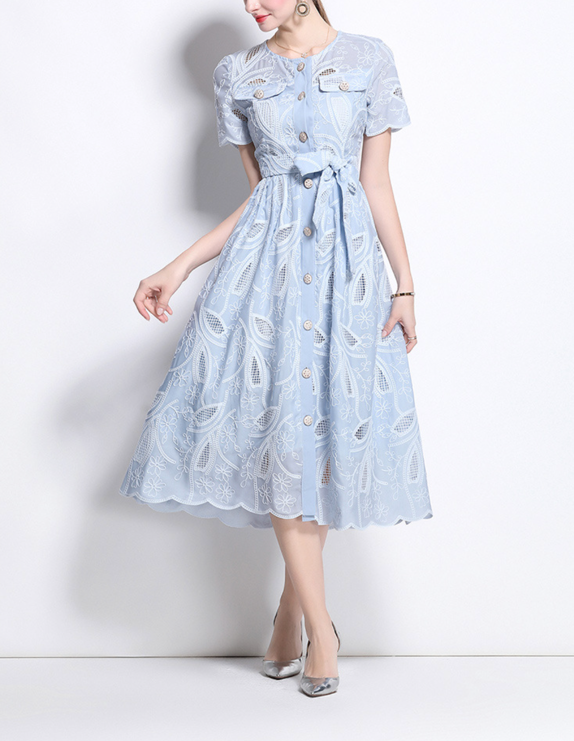 belted shirt dress with embroidered cutwork – CELESTE