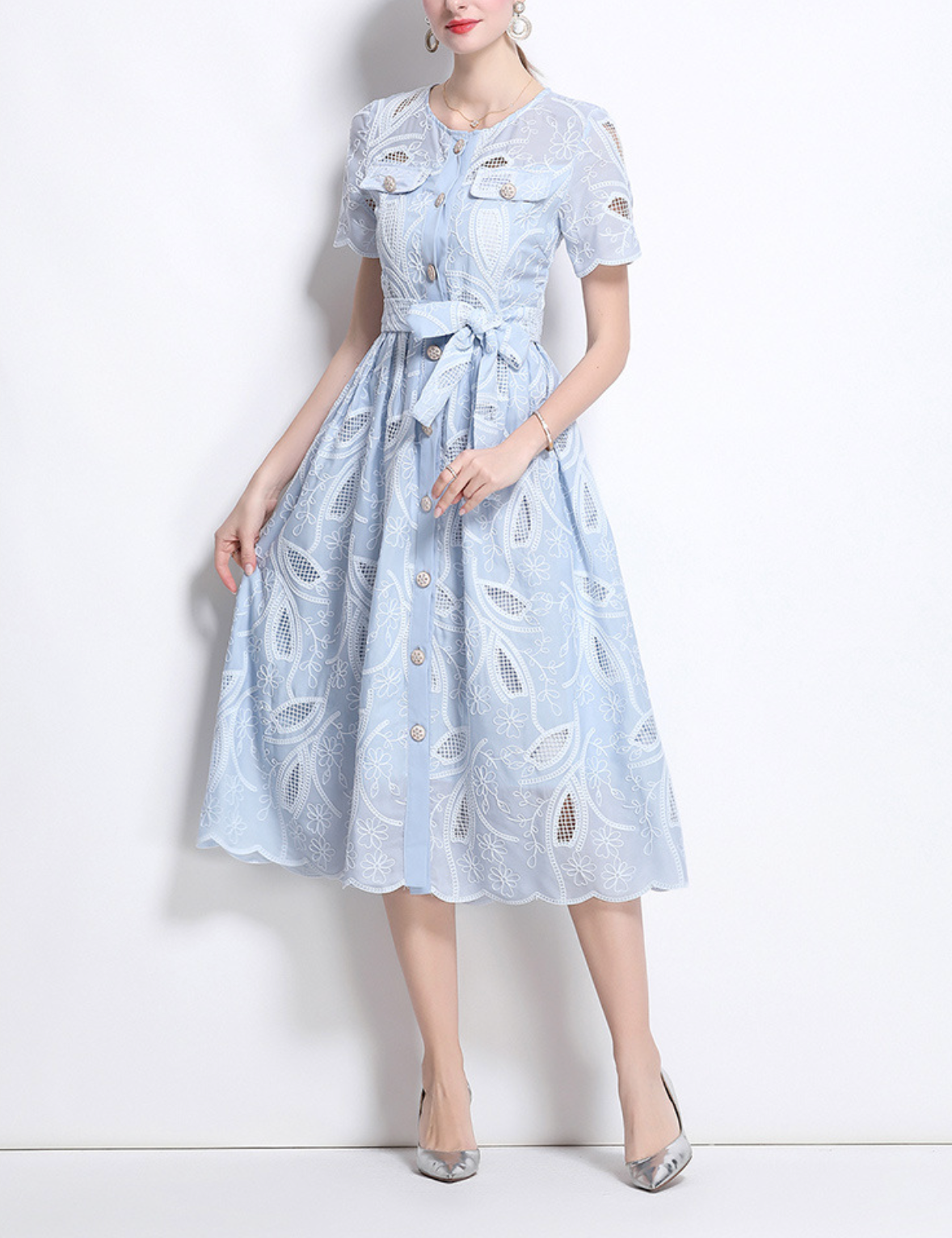 belted shirt dress with embroidered cutwork – CELESTE