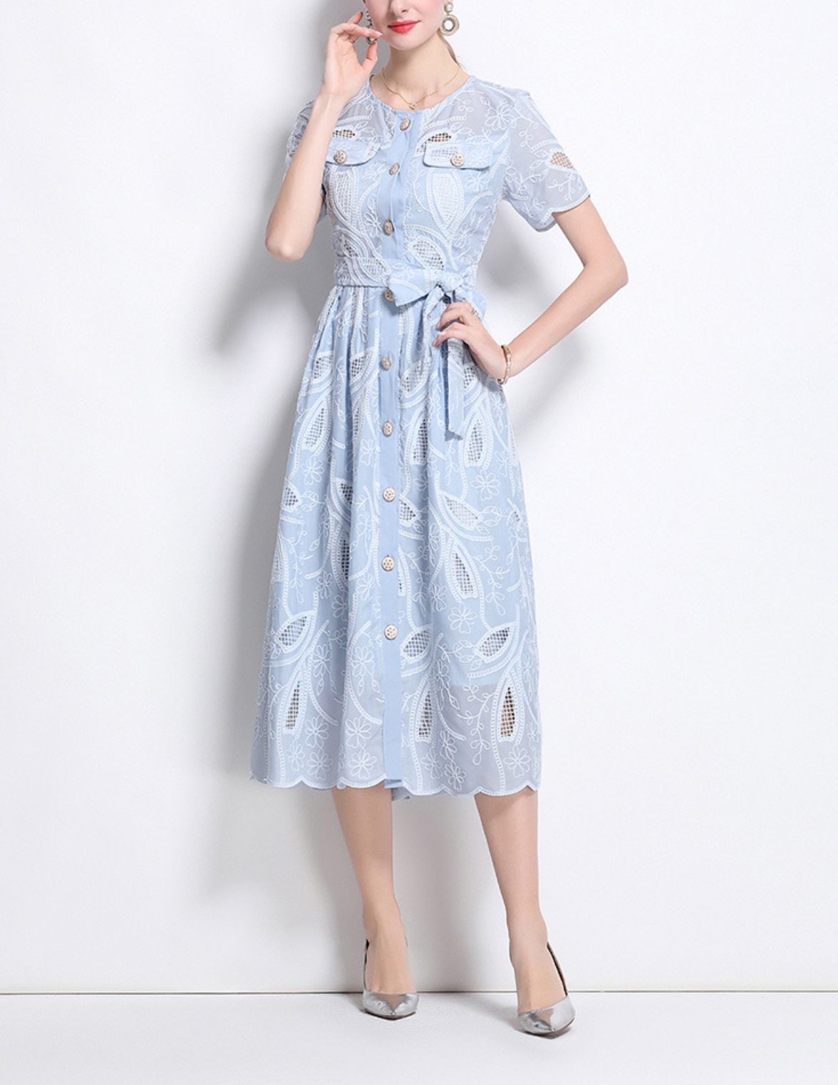 belted shirt dress with embroidered cutwork – CELESTE