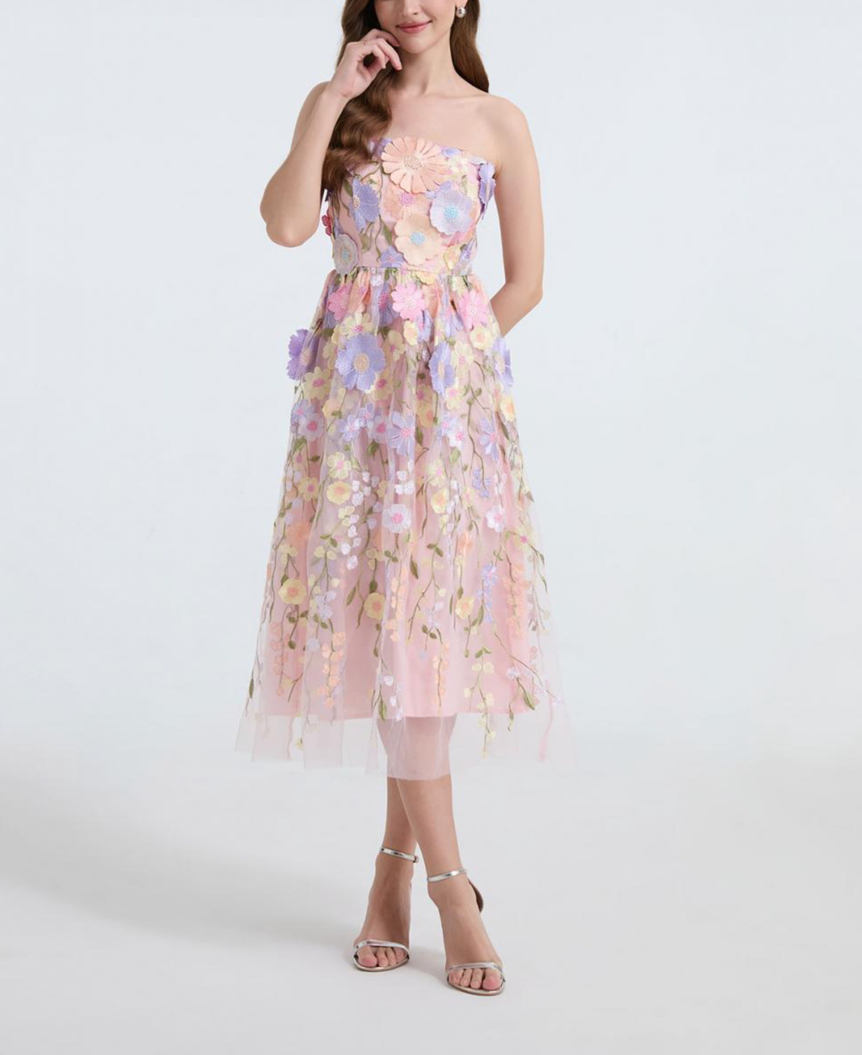 strapless tulle dress with 3D floral appliqué – BLOSSM