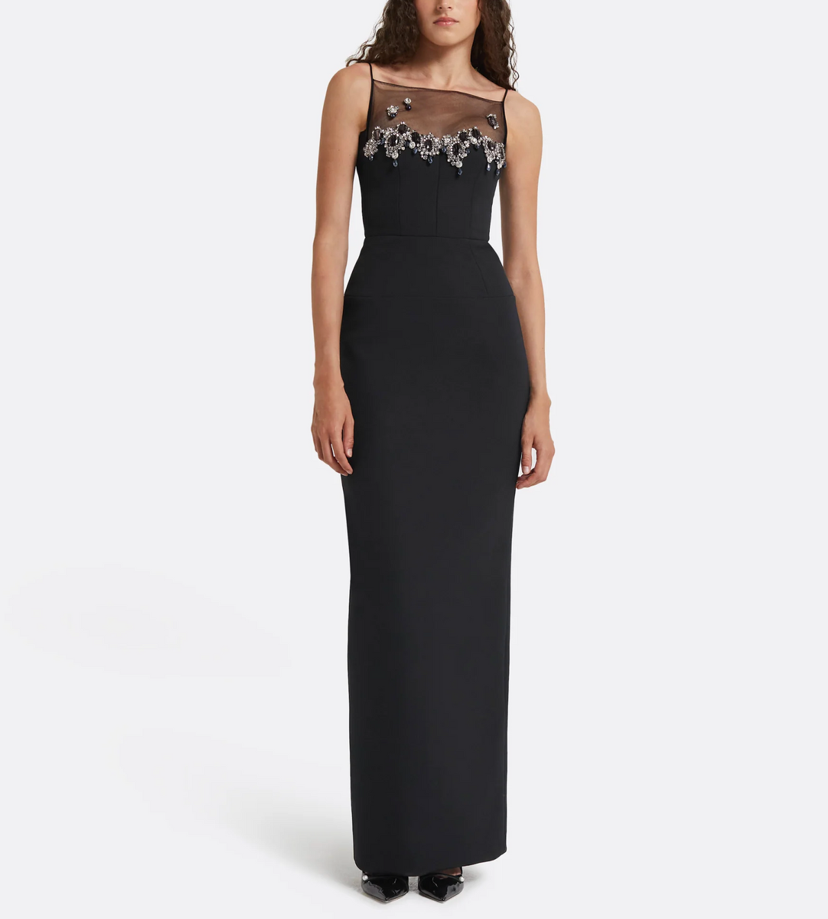 sleeveless column dress with embellished illusion neckline – NOSLE
