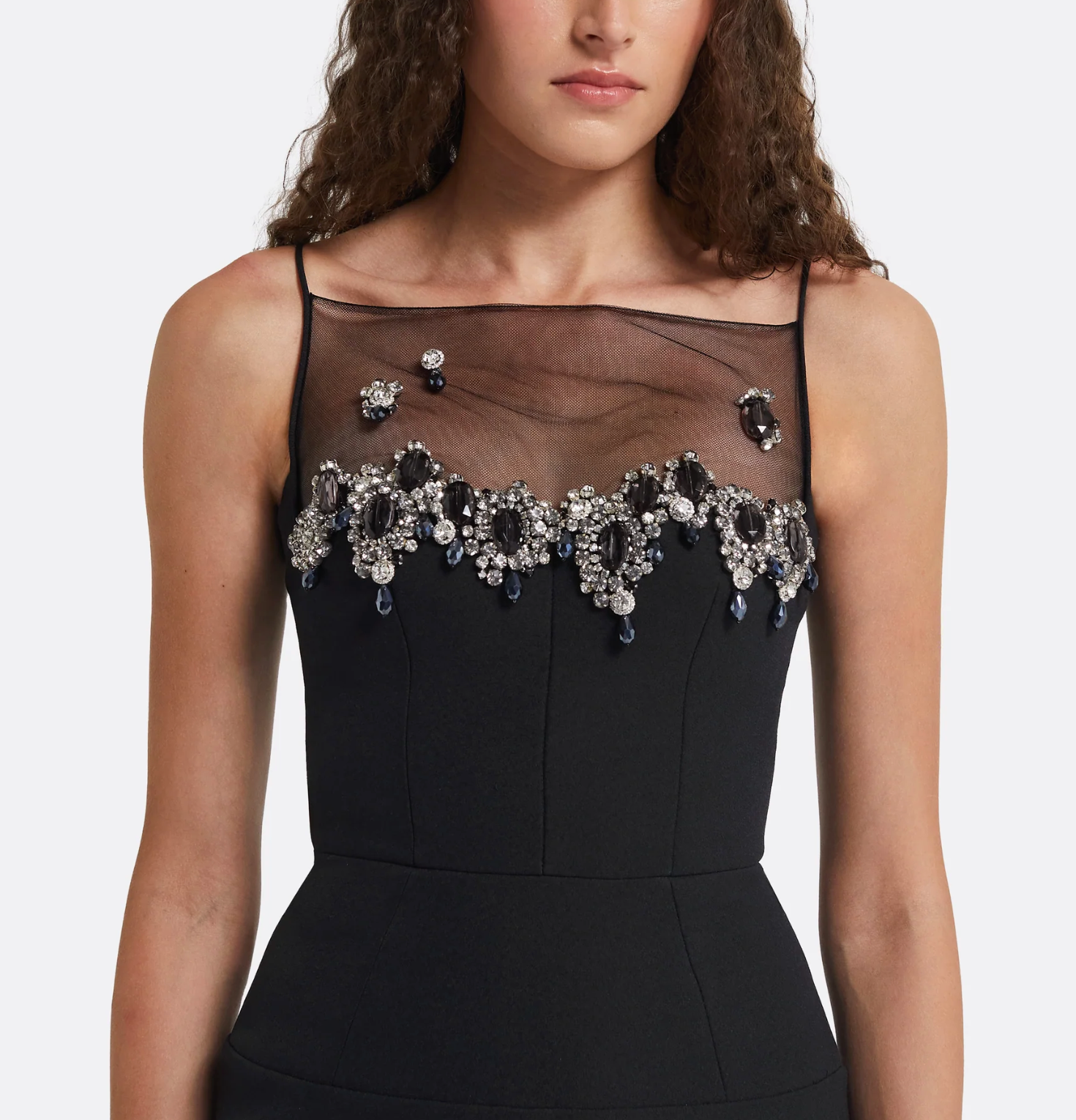 sleeveless column dress with embellished illusion neckline – NOSLE