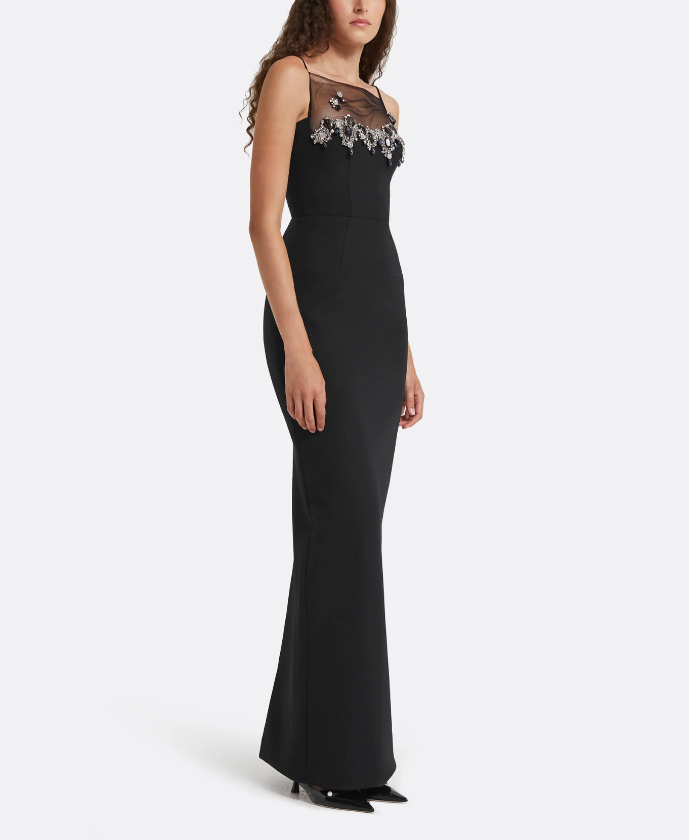 sleeveless column dress with embellished illusion neckline – NOSLE