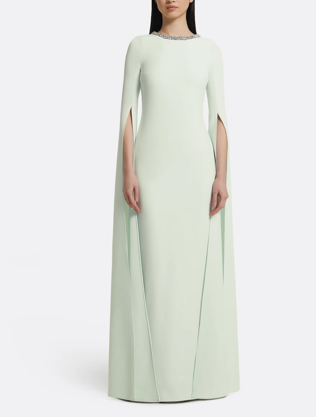 cape-sleeve column gown with crystal neckline – MINTA