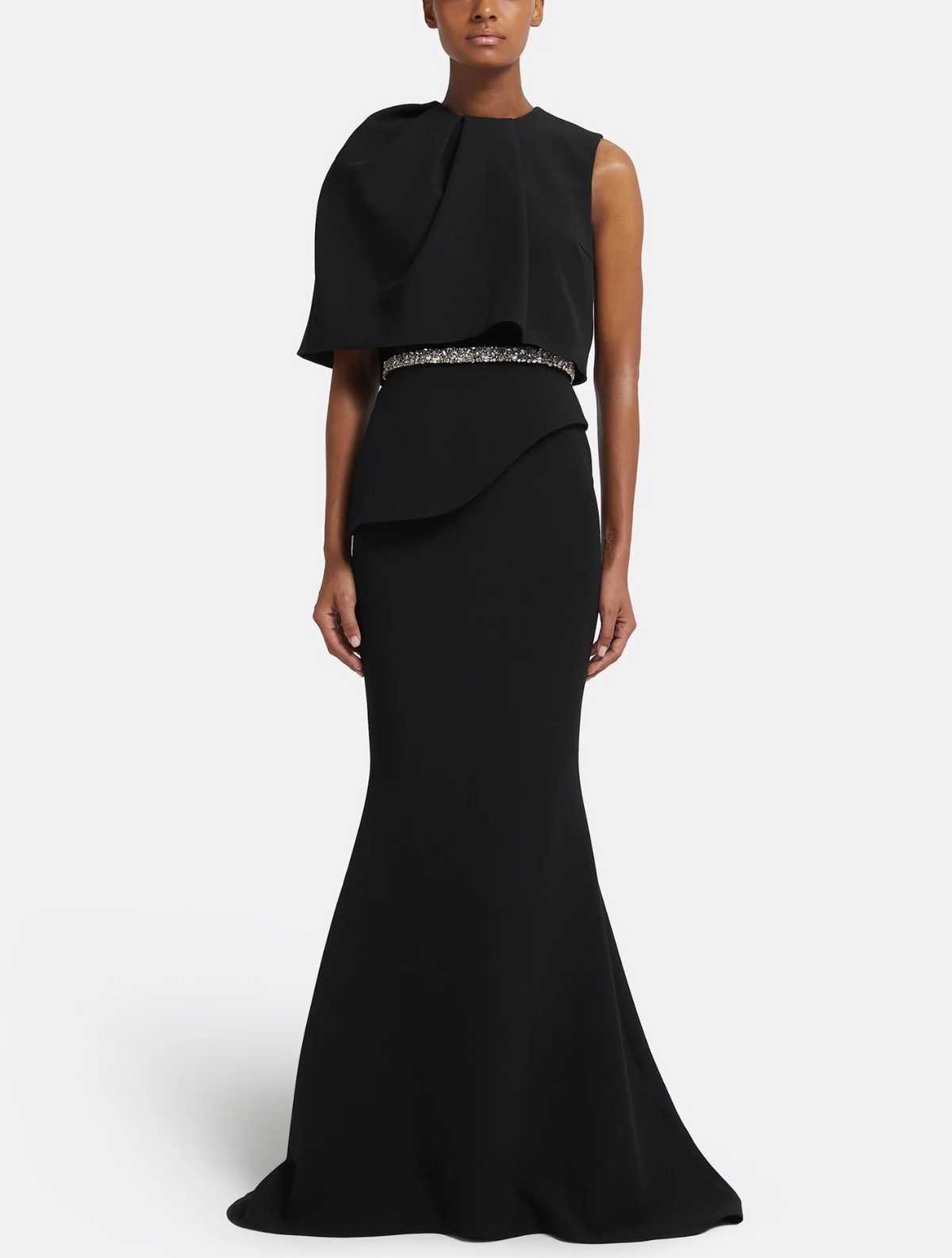 sleeveless trumpet gown with draped overlay and crystal waist – LUXE