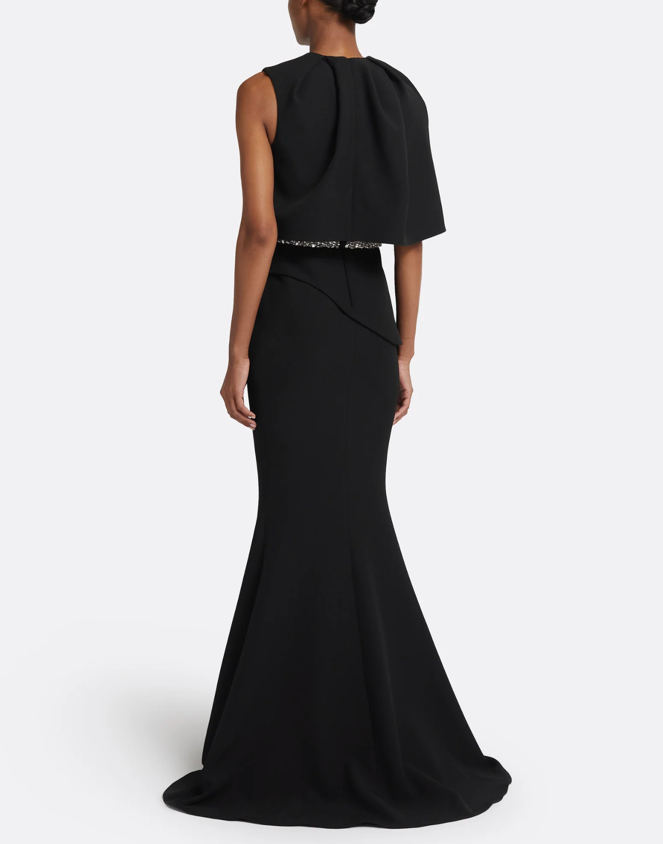 sleeveless trumpet gown with draped overlay and crystal waist – LUXE