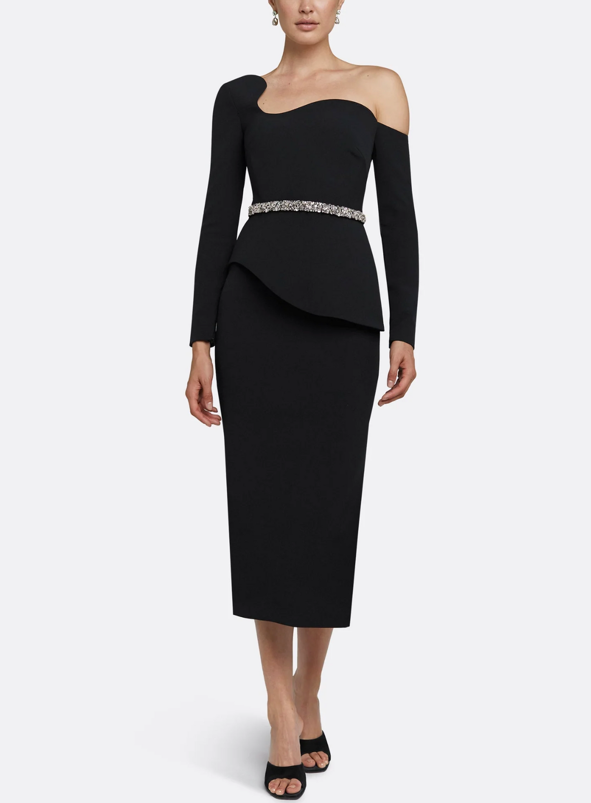 asymmetric off-shoulder midi dress with crystal belt – NOIRÉ