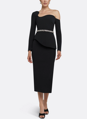 asymmetric off-shoulder midi dress with crystal belt – NOIRÉ
