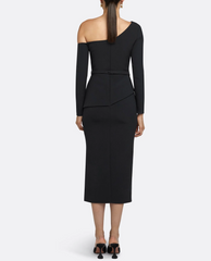 asymmetric off-shoulder midi dress with crystal belt – NOIRÉ