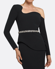 asymmetric off-shoulder midi dress with crystal belt – NOIRÉ