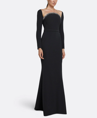 long-sleeve column gown with crystal-trimmed neckline – STELLA