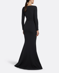 long-sleeve column gown with crystal-trimmed neckline – STELLA
