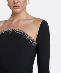 long-sleeve column gown with crystal-trimmed neckline – STELLA