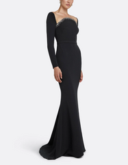long-sleeve column gown with crystal-trimmed neckline – STELLA
