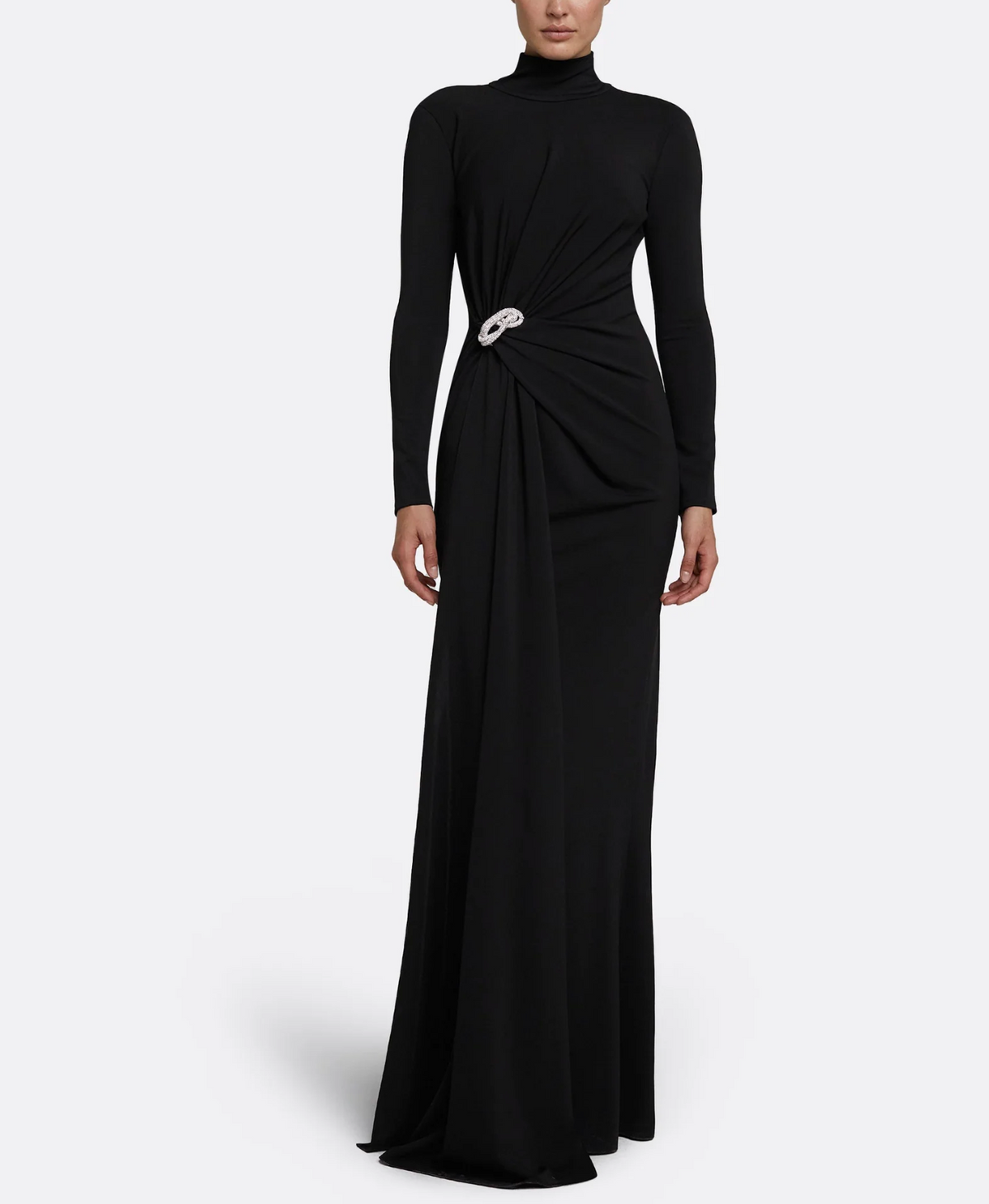 high-neck draped gown with crystal brooch – SERENA