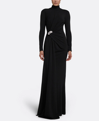 high-neck draped gown with crystal brooch – SERENA