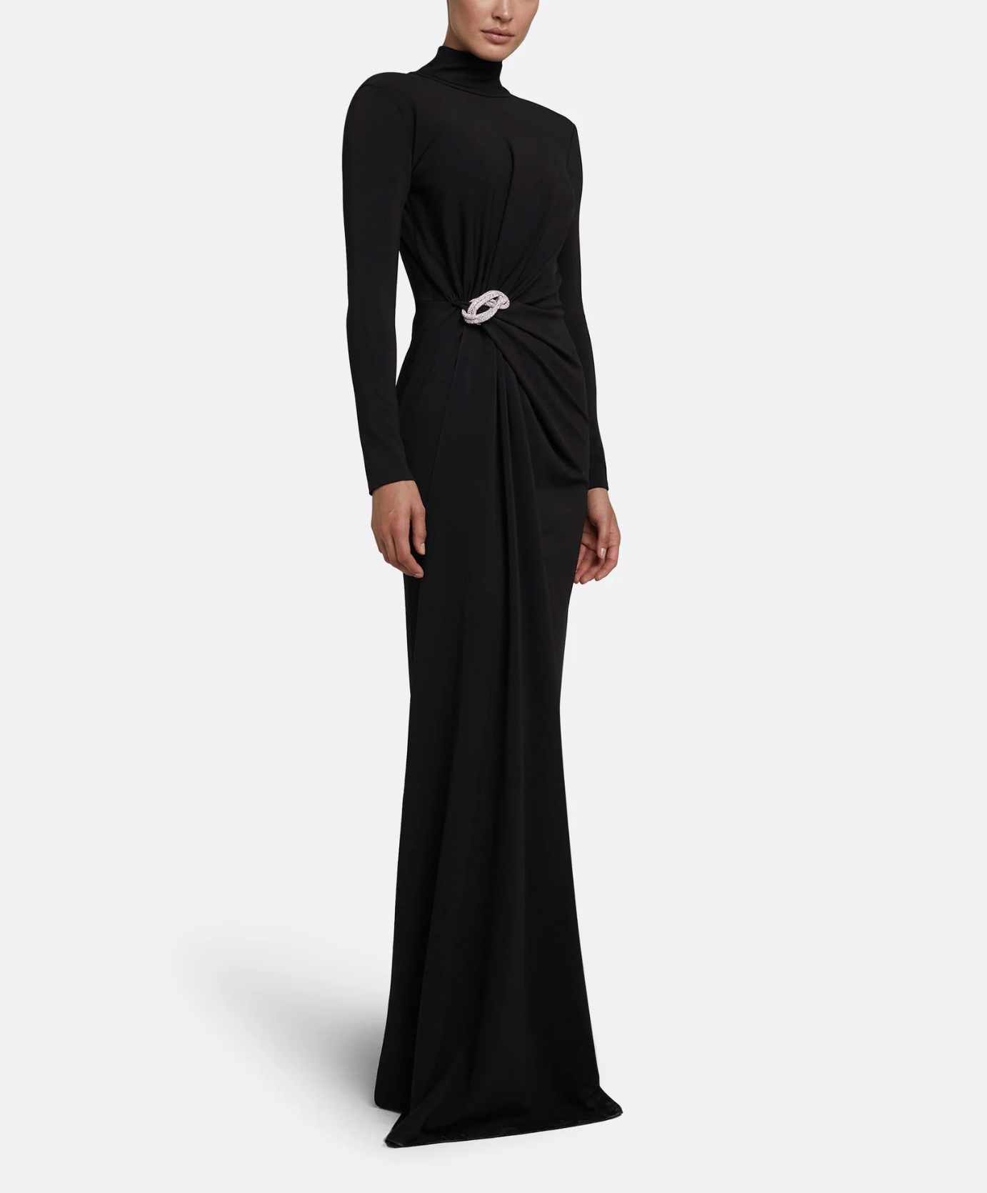 high-neck draped gown with crystal brooch – SERENA