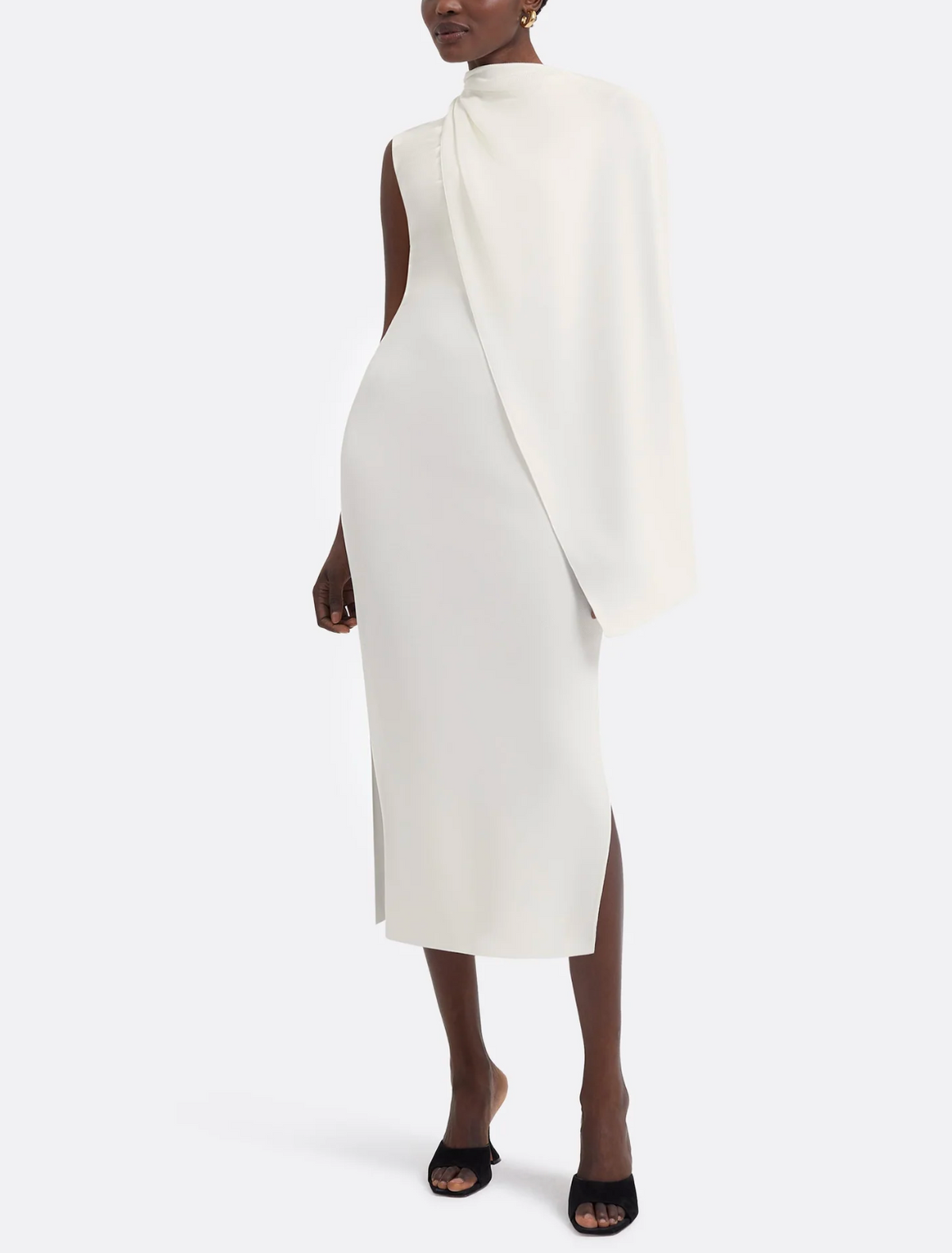 sleeveless midi dress with sculpted shoulder cape – IVORYA