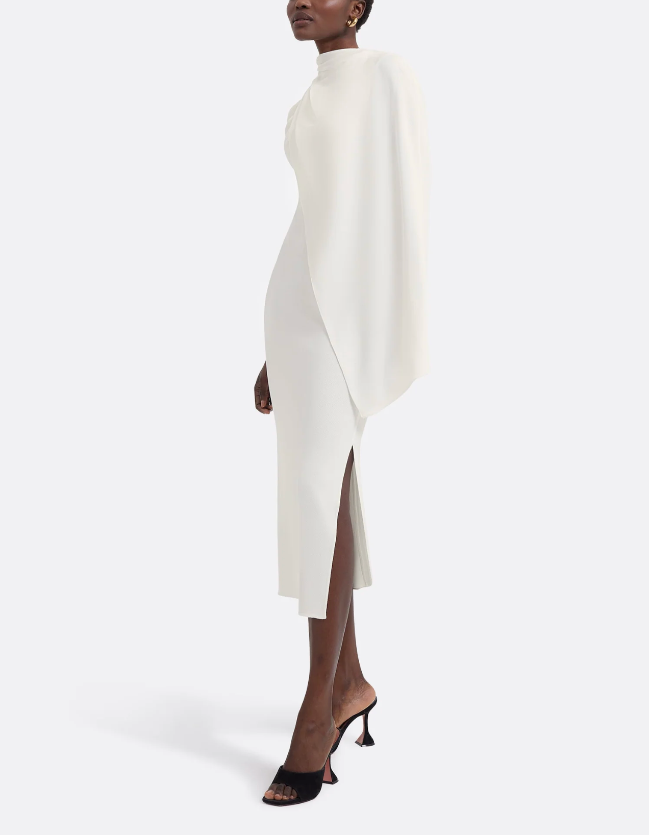 sleeveless midi dress with sculpted shoulder cape – IVORYA