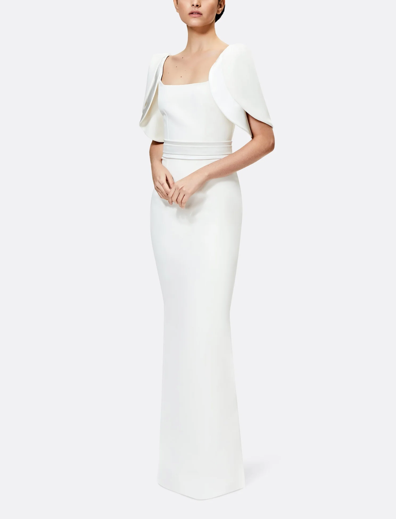 structured column gown with sculpted flutter sleeves – AURID