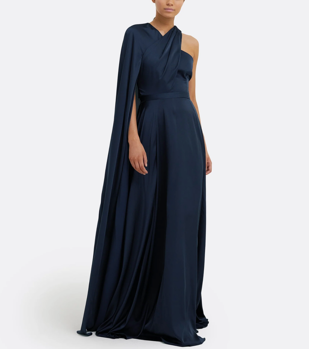 one-shoulder satin gown with draped cape sleeve – NAVIL