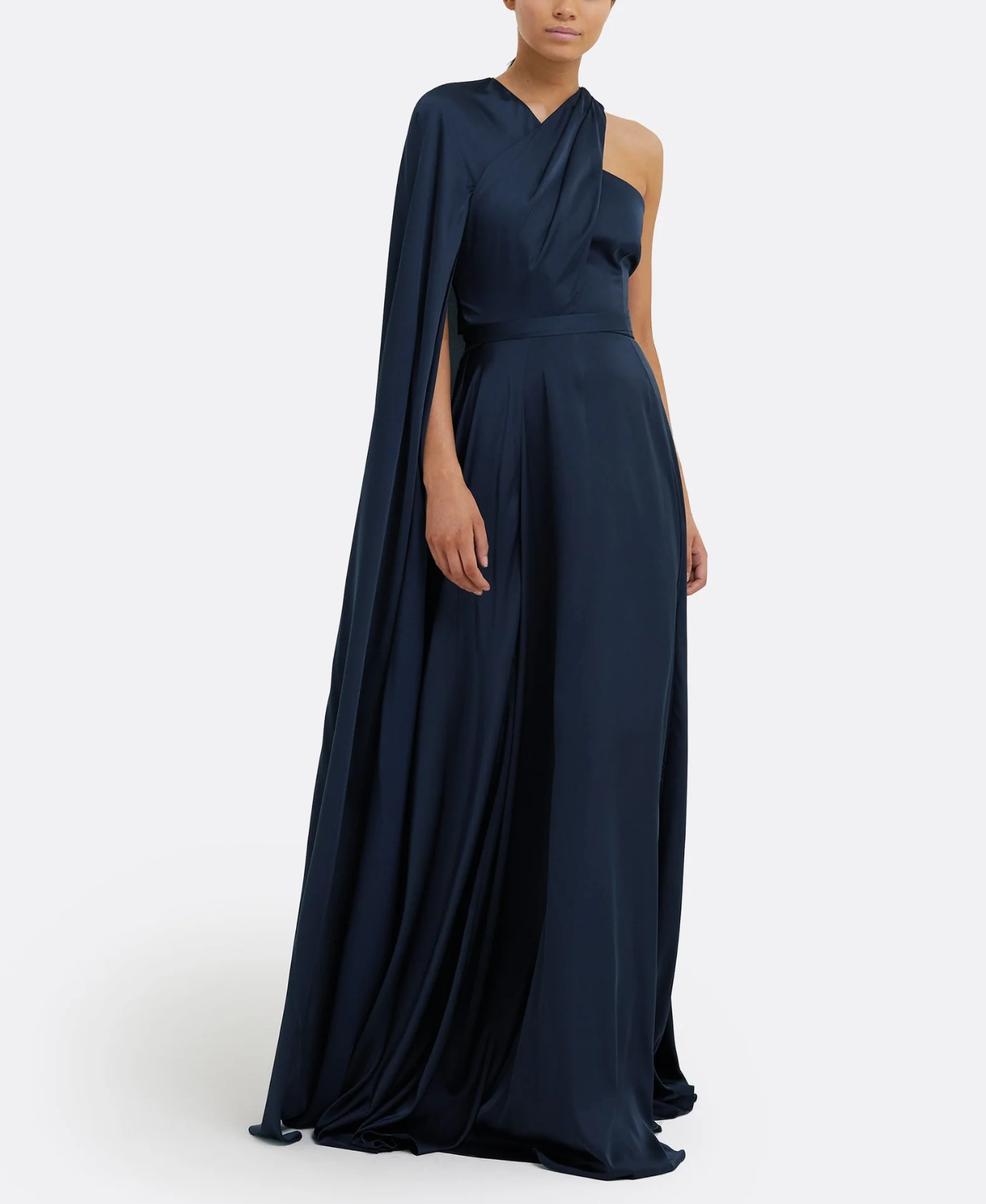 one-shoulder satin gown with draped cape sleeve – NAVIL