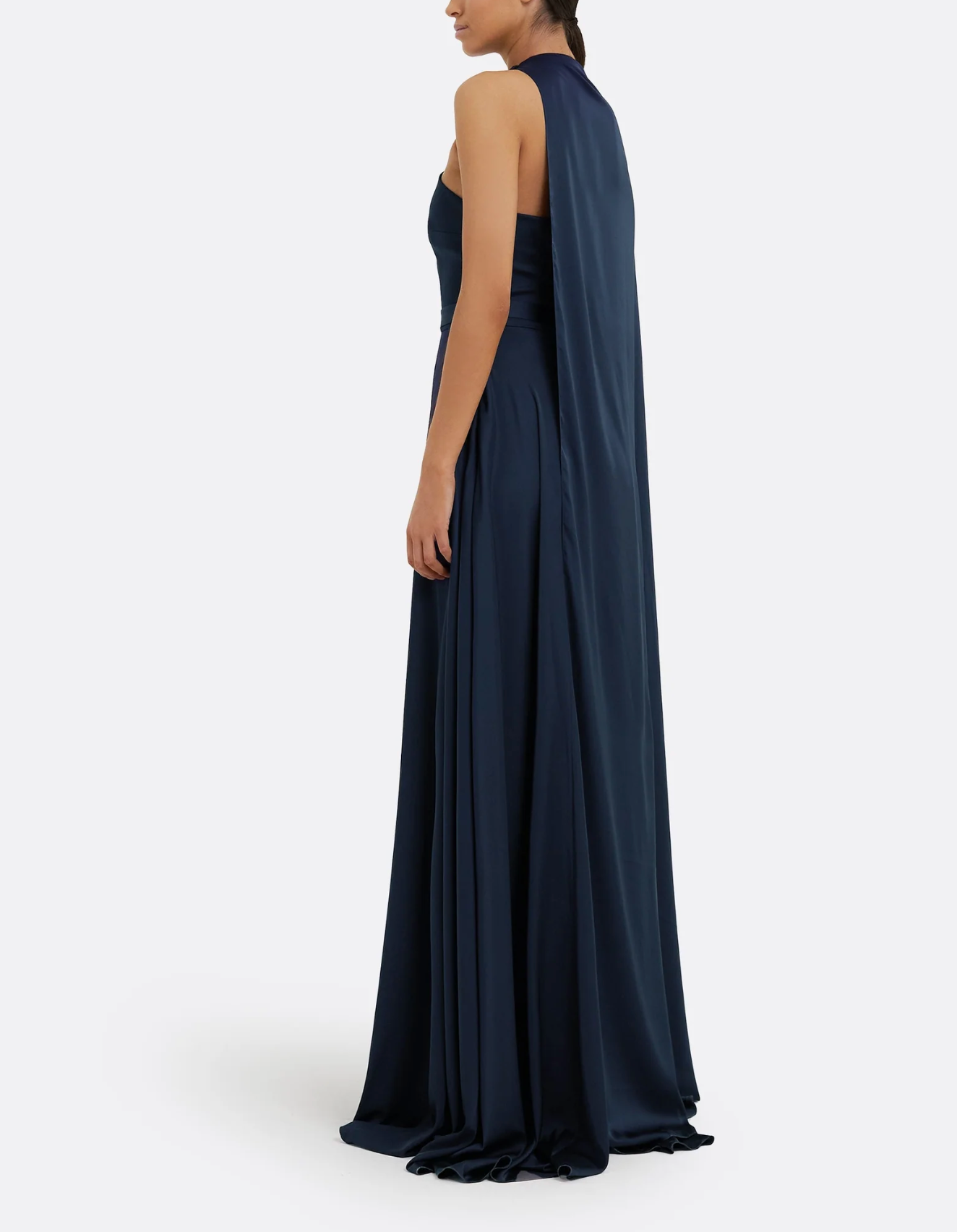 one-shoulder satin gown with draped cape sleeve – NAVIL