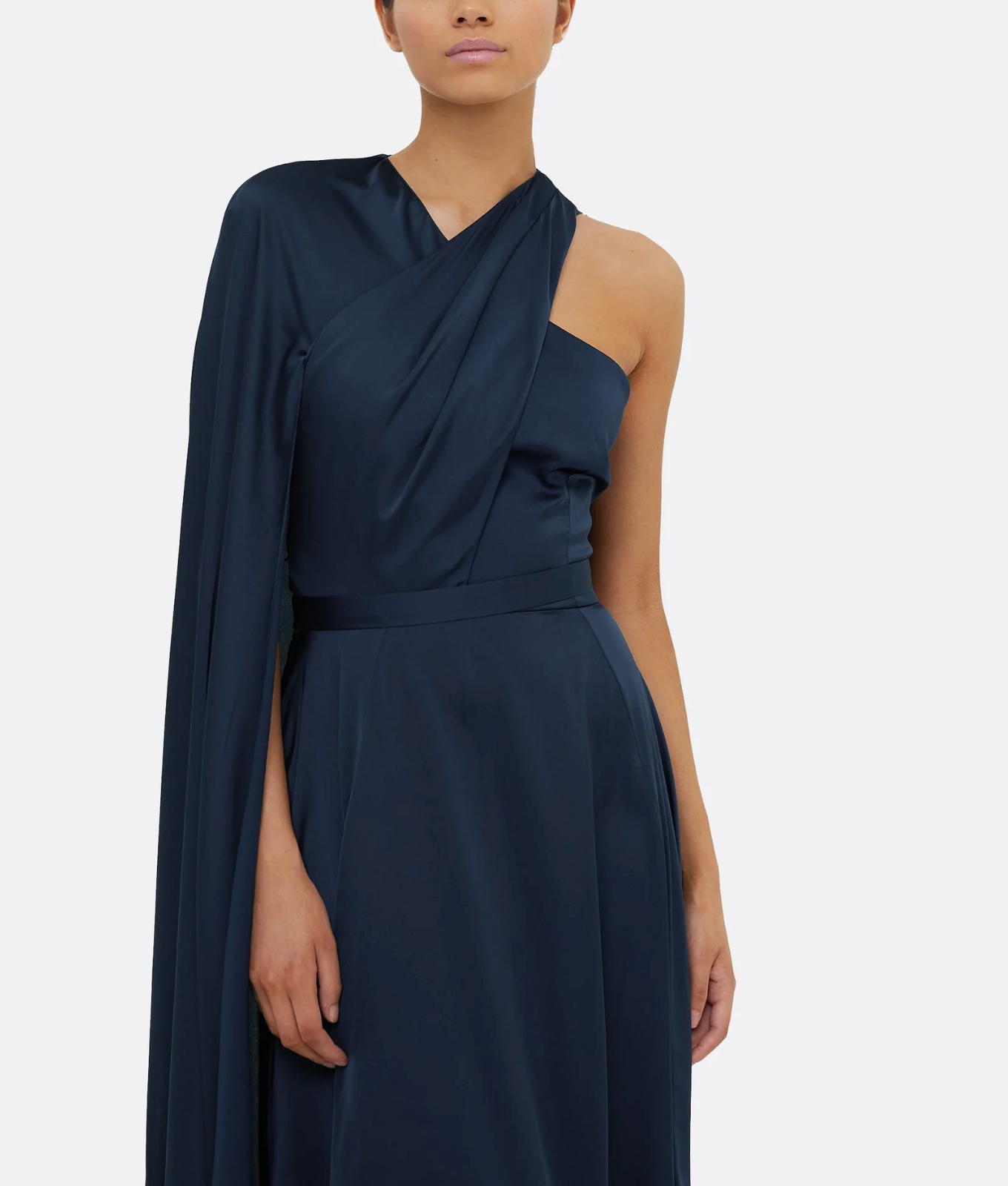 one-shoulder satin gown with draped cape sleeve – NAVIL