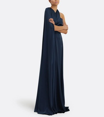 one-shoulder satin gown with draped cape sleeve – NAVIL