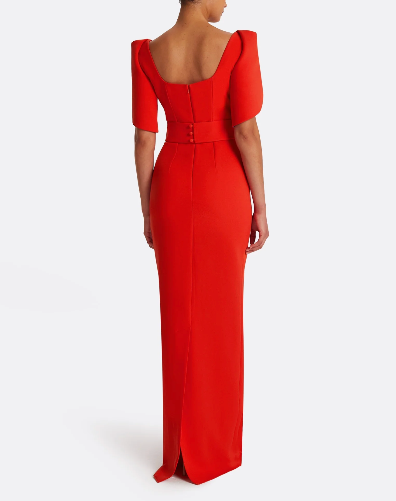 structured column gown with layered sculpted sleeves – FLAME