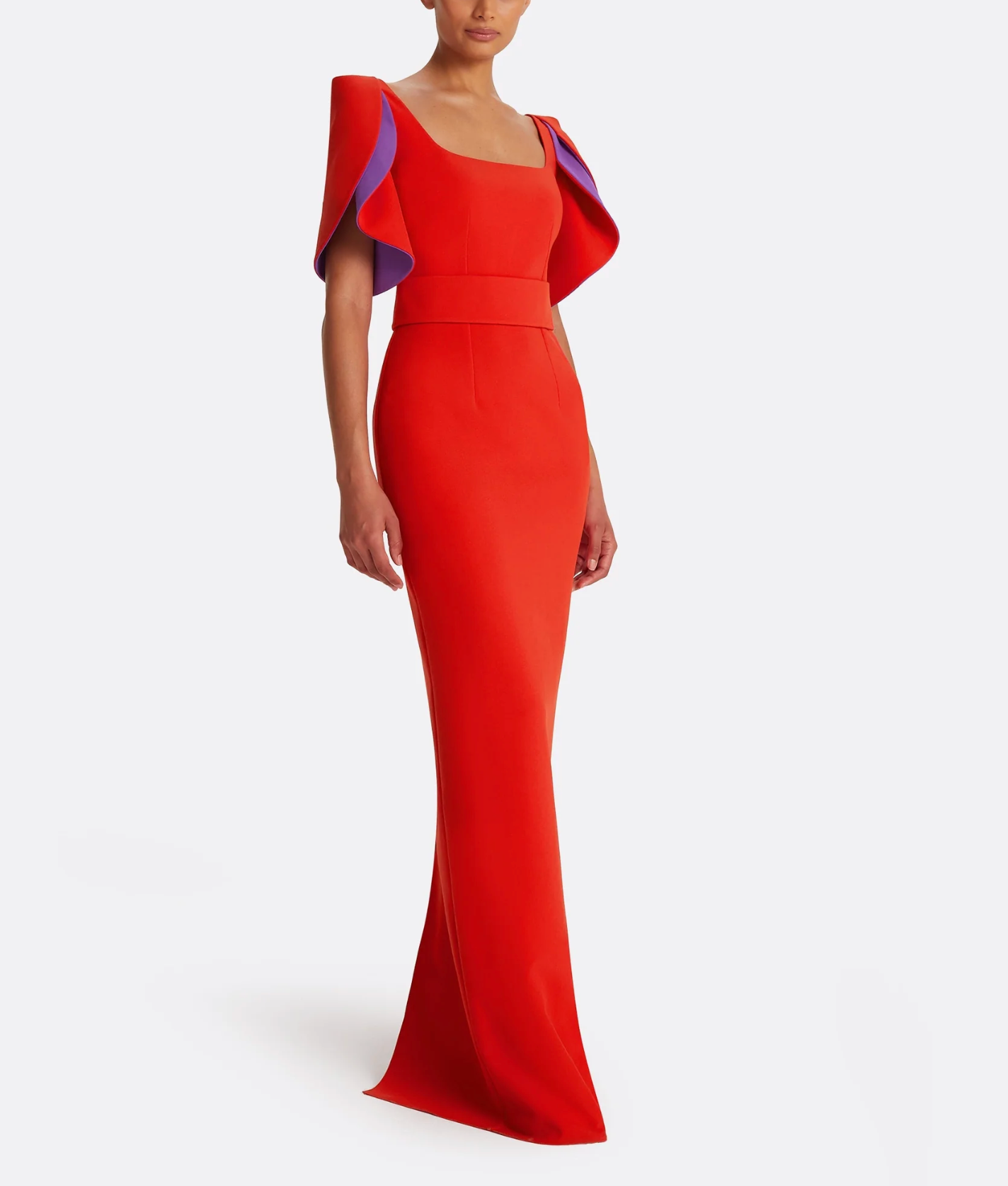 structured column gown with layered sculpted sleeves – FLAME