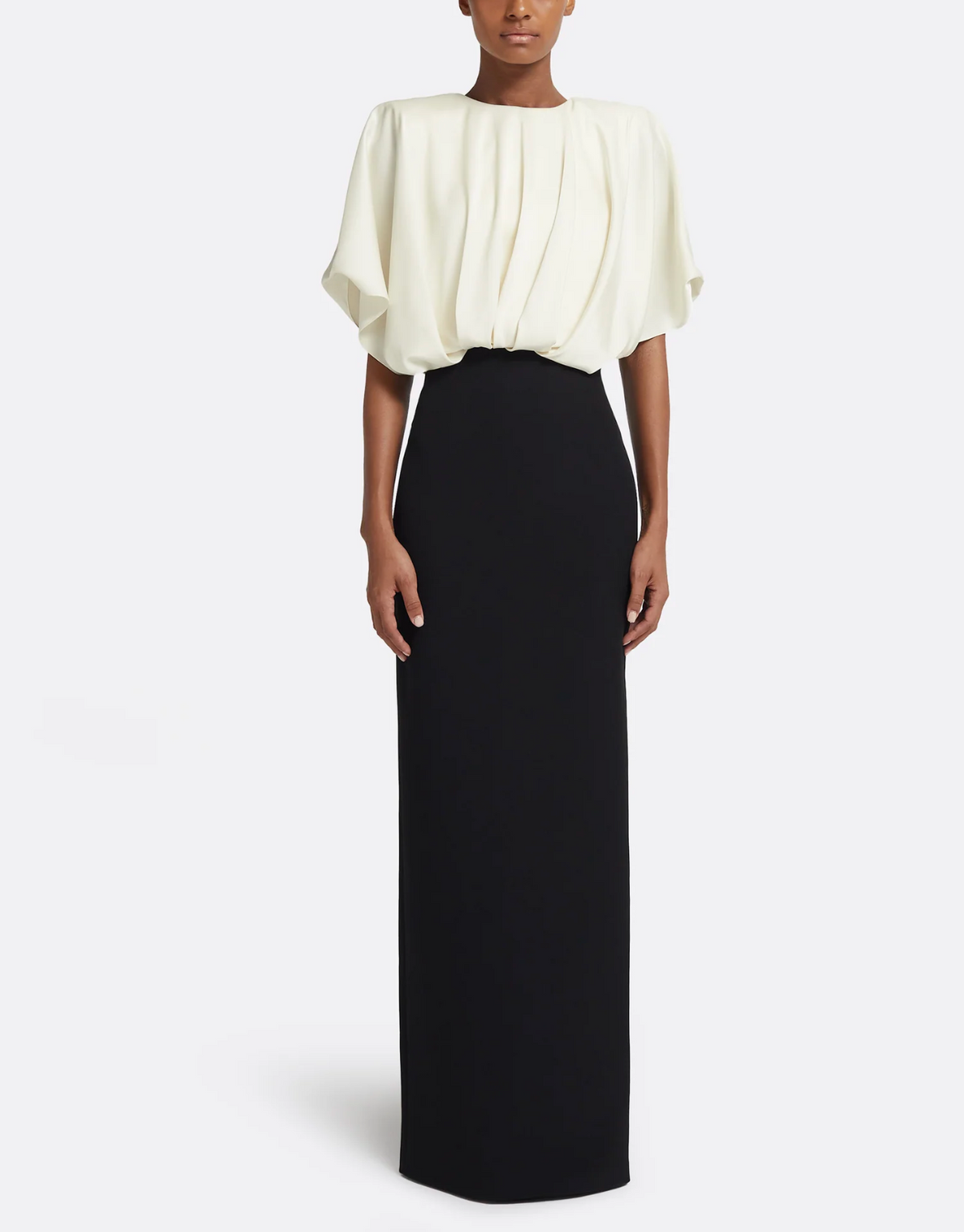 two-tone column gown with pleated blouson top – OPHELIA