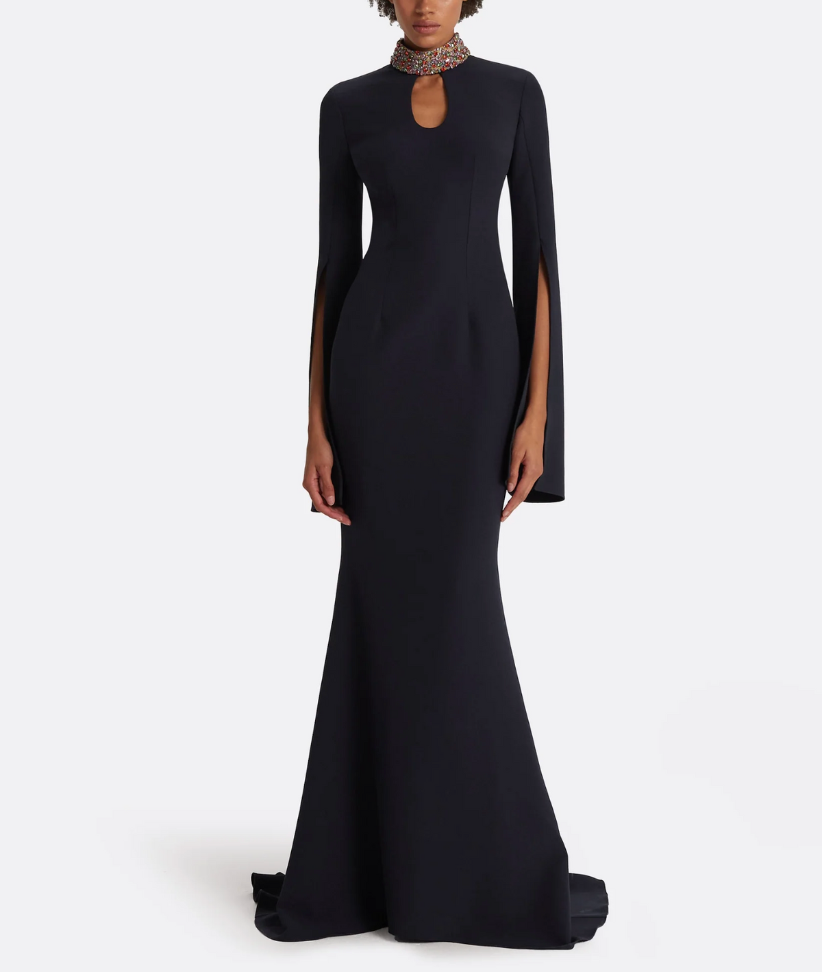 cape-sleeve mermaid gown with jeweled collar – NOCTURNE