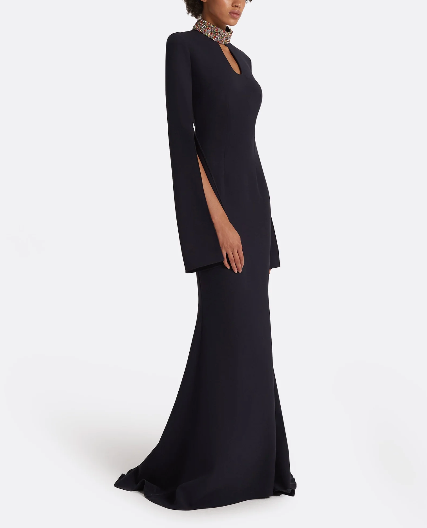 cape-sleeve mermaid gown with jeweled collar – NOCTURNE
