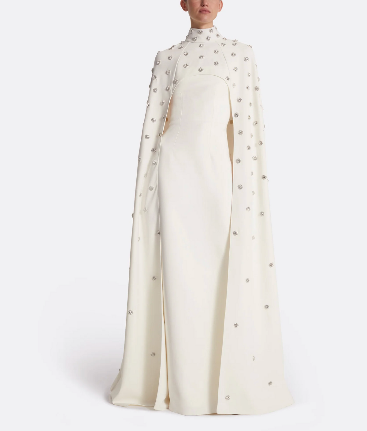 embellished ivory gown with high-neck cape overlay – CELESTIA