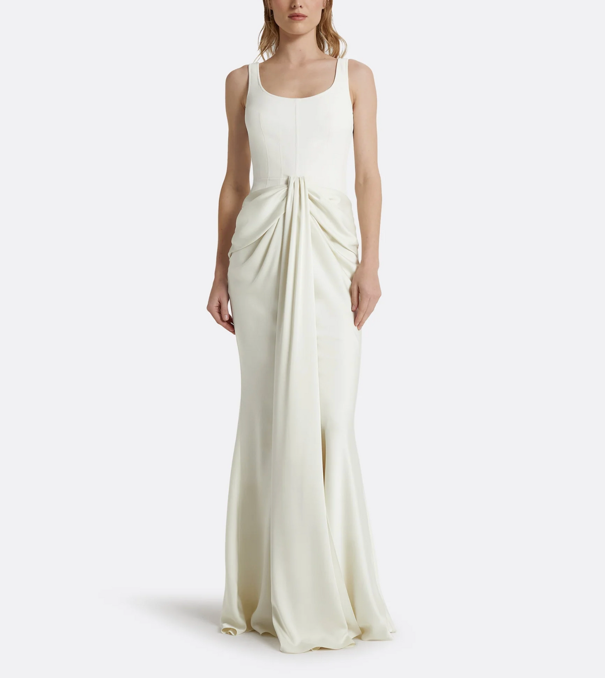 sleeveless satin gown with draped front detail – ELYSE