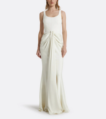 sleeveless satin gown with draped front detail – ELYSE